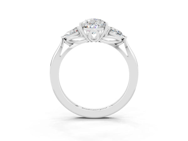Silver Three-Stone Pear Cut Moissanite Ring with Pear  Side Stones in Four-Prong Setting