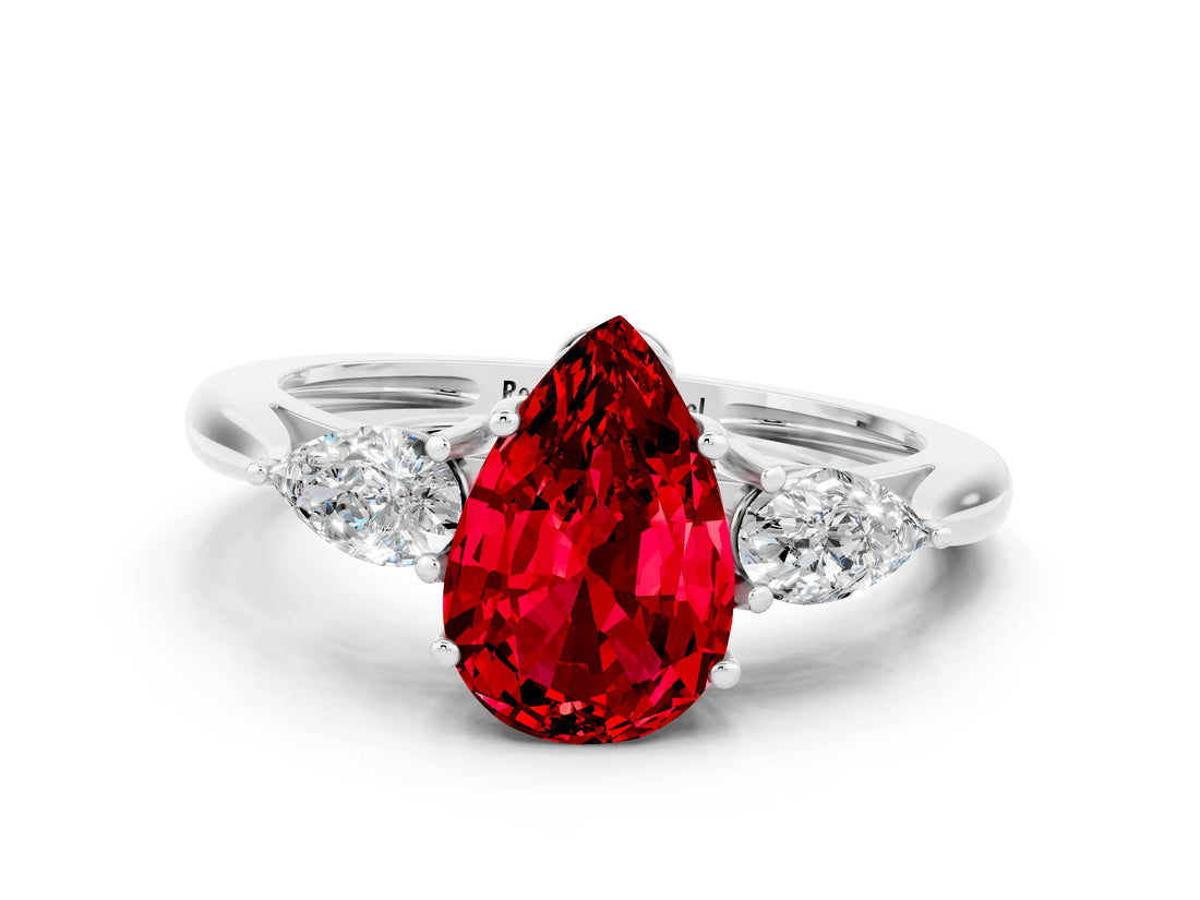Silver Three-Stone Pear Cut Ruby Ring with Pear  Side Stones in Four-Prong Setting_54