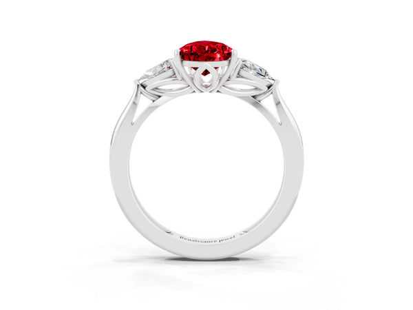 Sterling Silver Pear-Shaped Lab-Grown Ruby Three Stone Engagement Ring with Pear Side Stones and Thin Band
