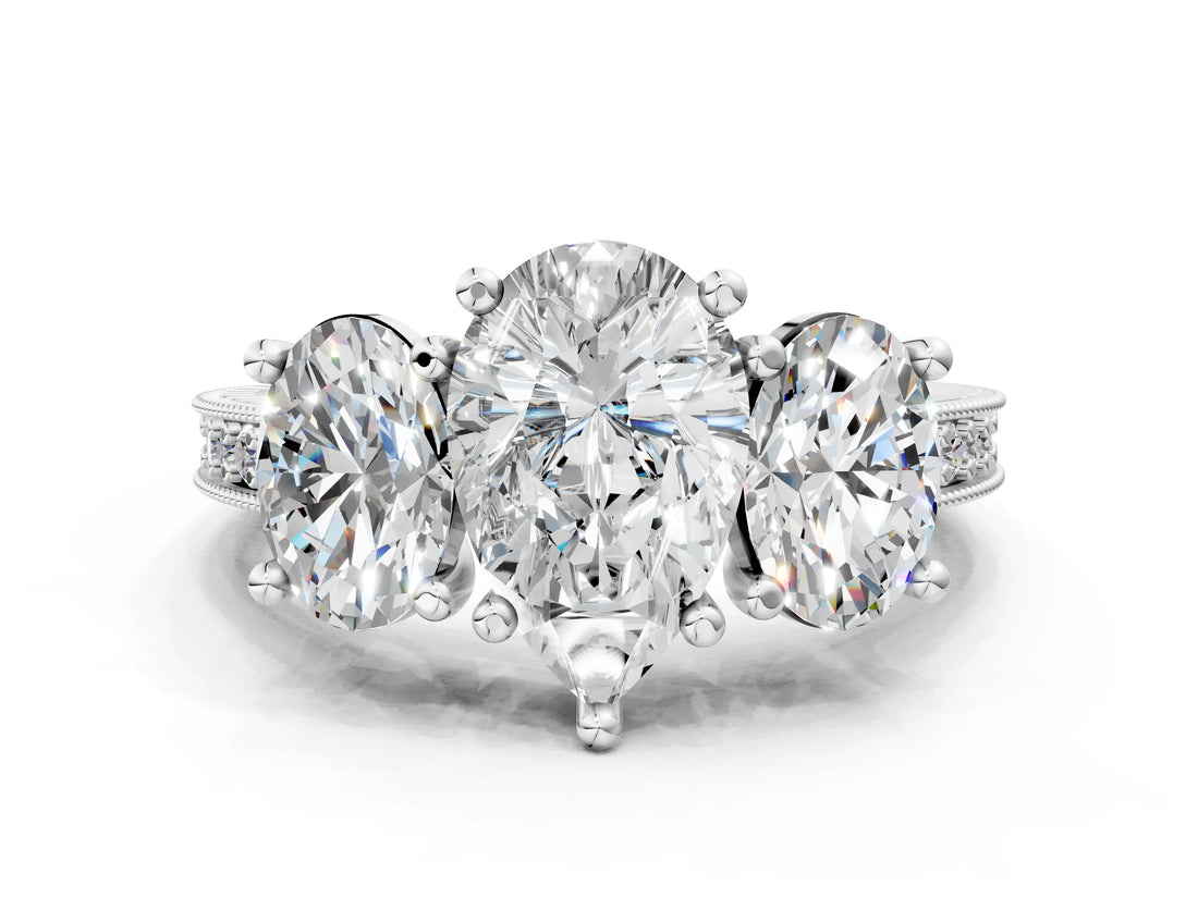 Silver Three-Stone Pear Diamond Milgrain Pave Band with Prong Setting