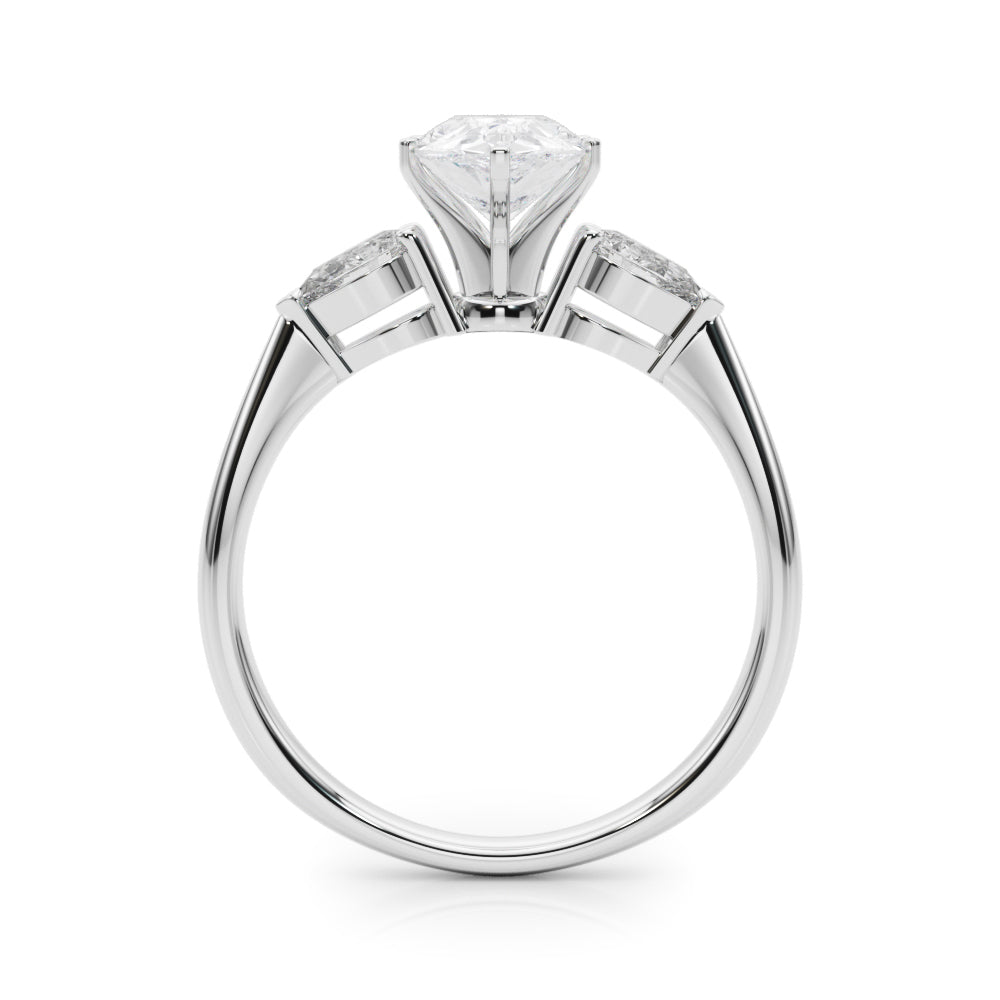 Silver Three-Stone Pear Diamond Ring with Pear Side Stones on a Platinum Band with Four-Prong Setting 1