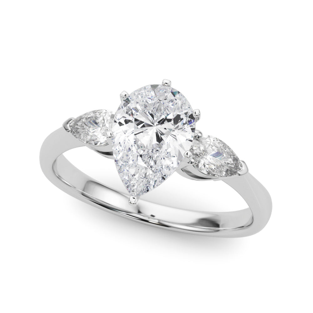 Silver Three-Stone Pear Diamond Ring with Pear Side Stones on a Platinum Band with Four-Prong Setting 2