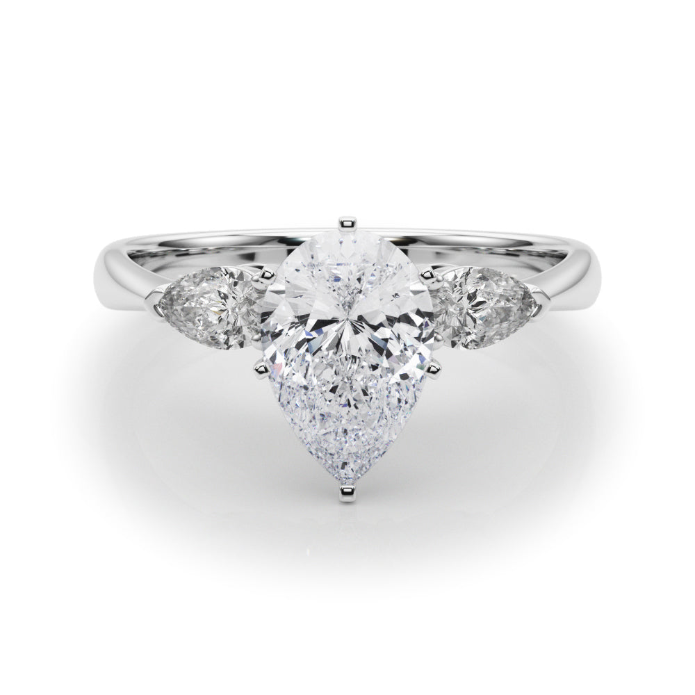 Silver Three-Stone Pear Diamond Ring with Pear Side Stones on a Platinum Band with Four-Prong Setting