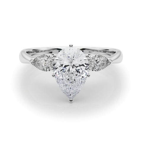 Silver Three-Stone Pear Diamond Ring with Pear Side Stones on a Platinum Band with Four-Prong Setting