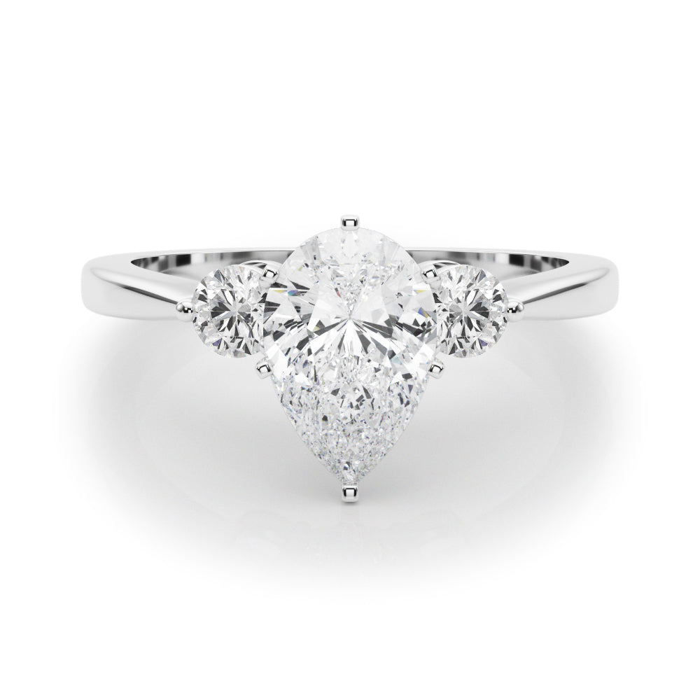 Silver Three-Stone Pear Solitaire Ring with Tapered Band and Six-Prong Setting