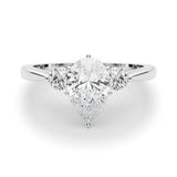 Silver Three-Stone Pear Solitaire Ring with Tapered Band and Six-Prong Setting