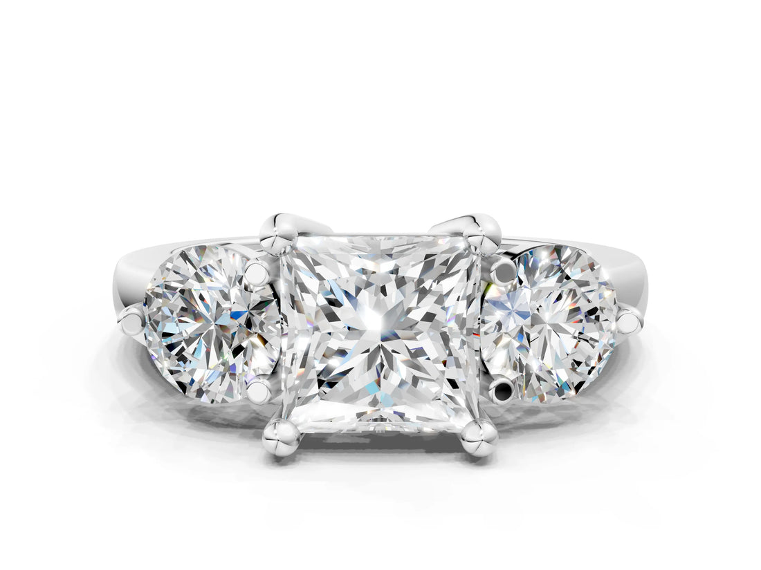 Silver Three-Stone Princess Brilliant Cut Solitaire Ring with Prong Setting on a Classic Band
