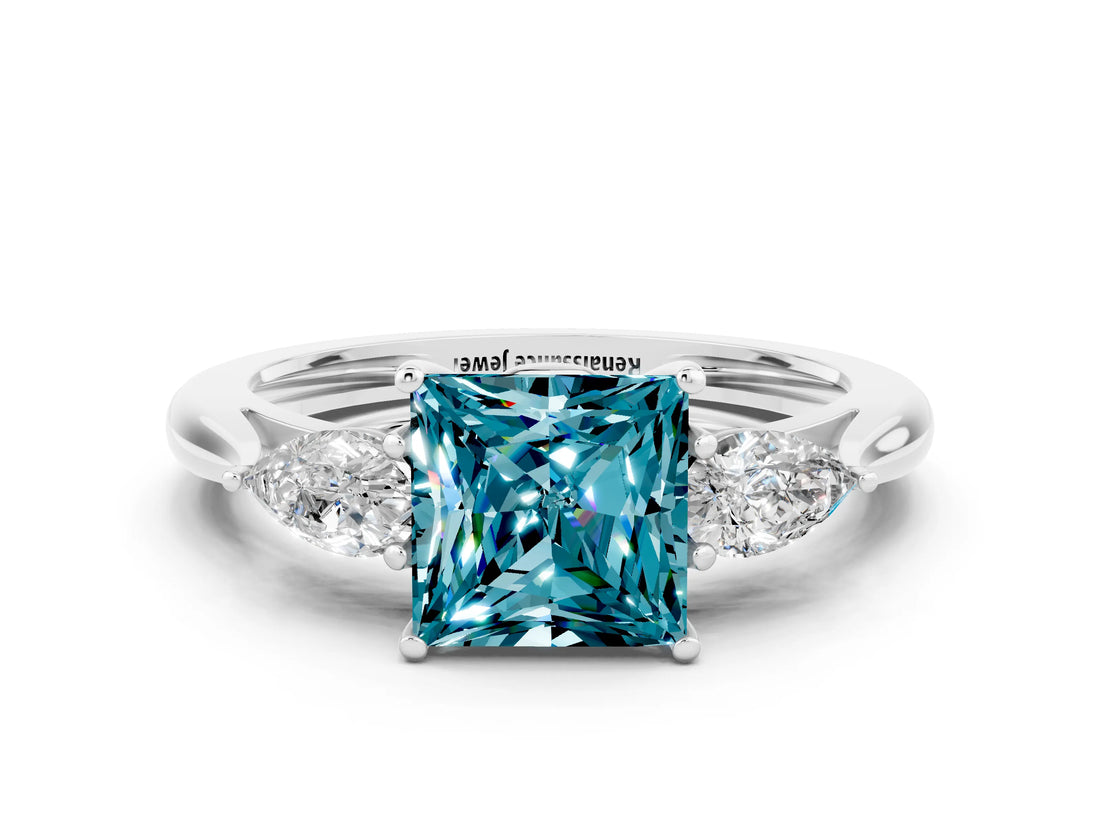 Silver Three-Stone Princess Cut Blue Topaz Ring with Pear  Side Stones in Four-Prong Setting_54