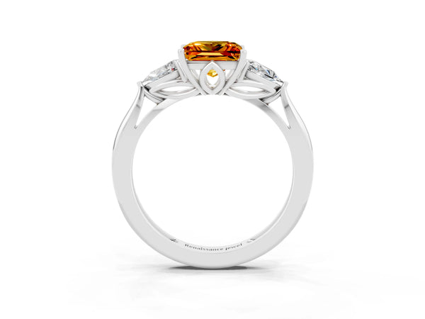 Silver Three-Stone Princess Cut Citrine Ring with Pear  Side Stones in Four-Prong Setting