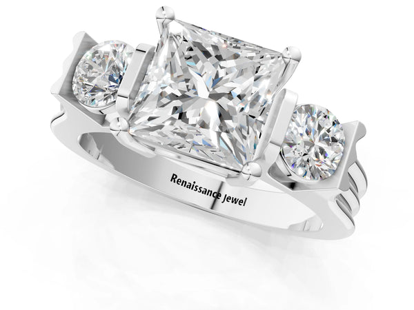 Silver Three-Stone Princess Cut Classic Band Prong Setting Ring