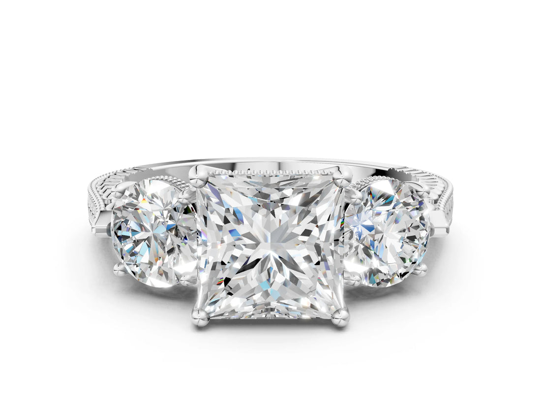 Silver Three-Stone Princess Cut Cut Milgrain Band Prong Setting Ring_91
