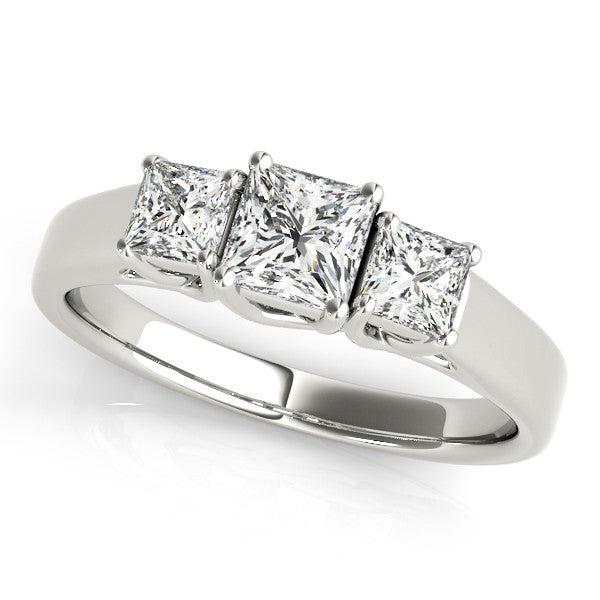 Silver Three-Stone Princess Cut Diamond Engagement Ring with Channel Set Band and Four-Prong Setting 1