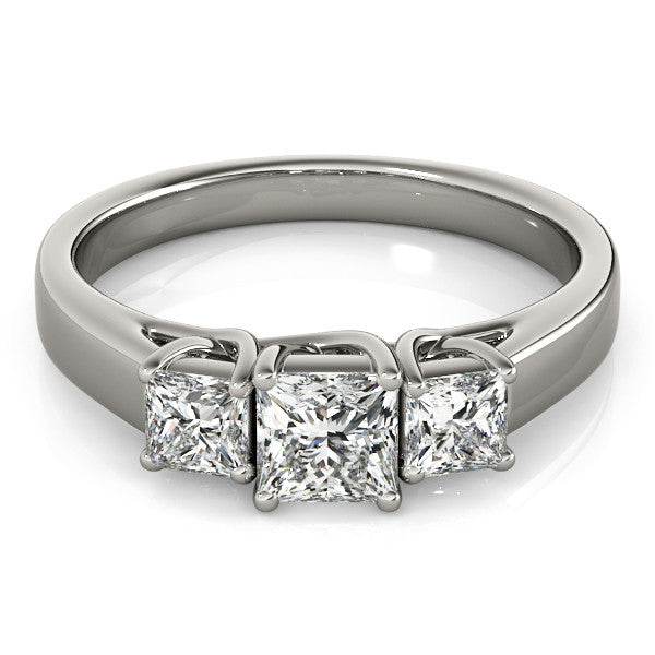 Silver Three-Stone Princess Cut Diamond Engagement Ring with Channel Set Band and Four-Prong Setting 2