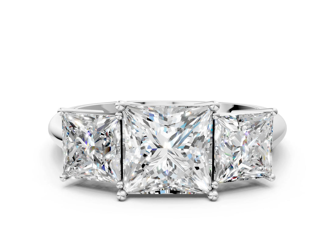 Silver Three-Stone Princess Cut Diamond Engagement Ring with Prong Setting on a Silver Band_30