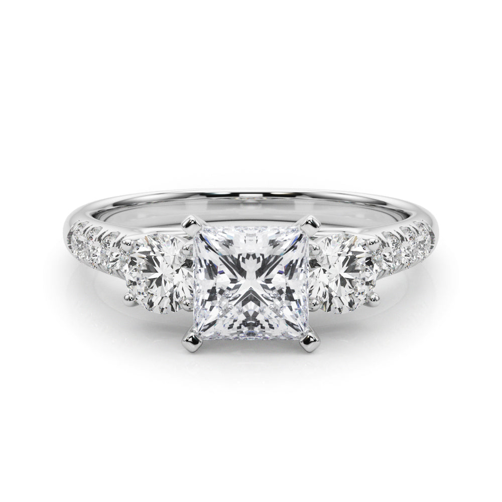Silver Three-Stone Princess Cut Diamond Pavé Band with Four-Prong Setting