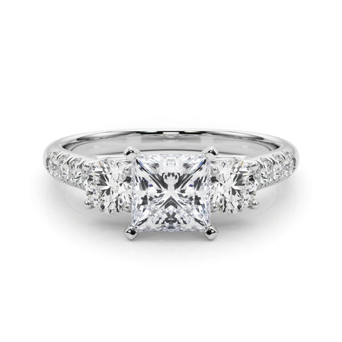 Silver Three-Stone Princess Cut Diamond Pavé Band with Four-Prong Setting