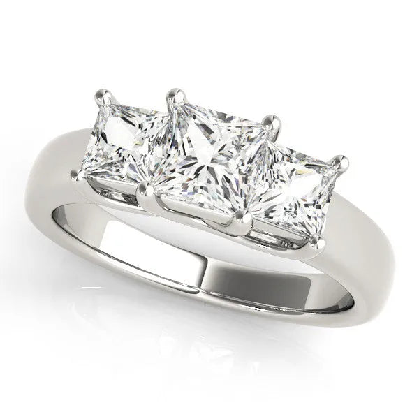 Silver Three-Stone Princess Cut Diamond Ring with Cathedral Band and Four-Prong Setting