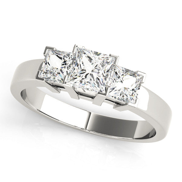 White gold Princess Diamond Three-Stone Ring with Prong Setting and Classic Band