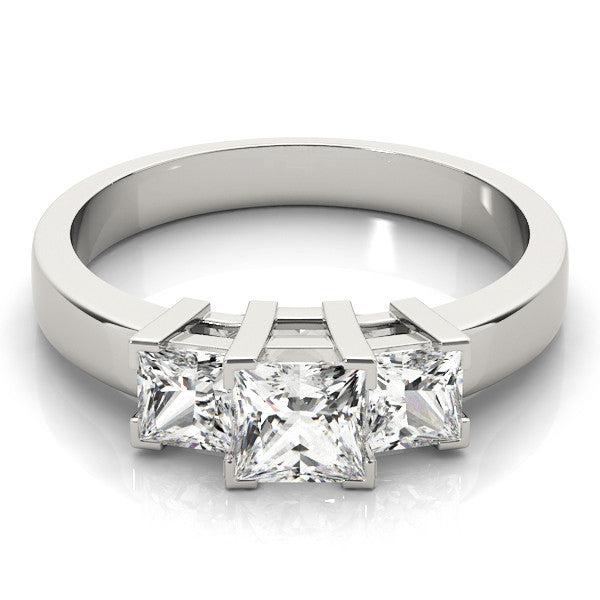 White gold Princess Diamond Three-Stone Ring with Prong Setting and Classic Band