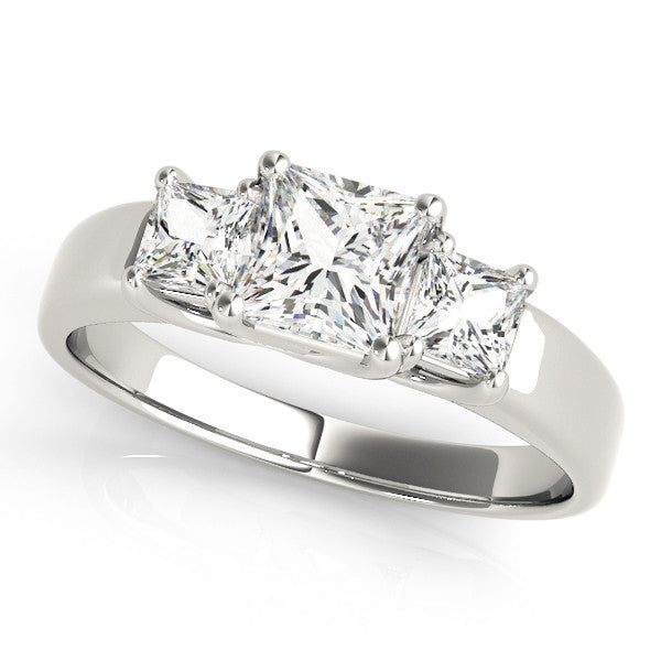 Silver Three-Stone Princess Cut Diamond Ring with Channel-Set Band and Four-Prong Setting