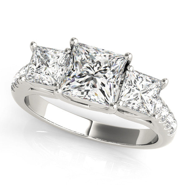 Silver Three-Stone Princess Cut Diamond Ring with Pavé Band and Prong Setting 1