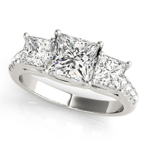 Silver Three-Stone Princess Cut Diamond Ring with Pavé Band and Prong Setting 1