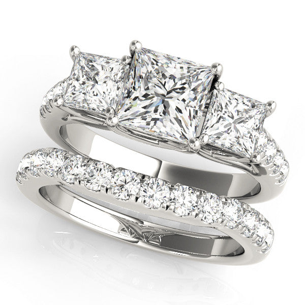 Silver Three-Stone Princess Cut Diamond Ring with Pavé Band and Prong Setting 2