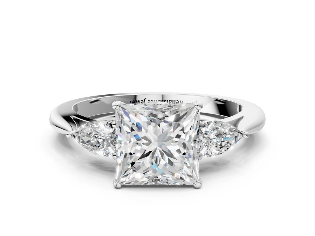 Silver Three-Stone Princess Cut Diamond Ring with Pear  Side Stones in Four-Prong Setting_16