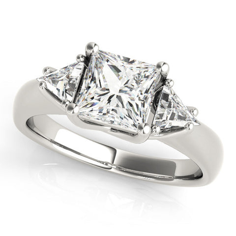 Silver Three-Stone Princess Cut Diamond Ring with Trillion Side Stones and Four-Prong Setting 1