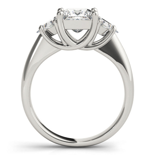 Silver Three-Stone Princess Cut Diamond Ring with Trillion Side Stones and Four-Prong Setting