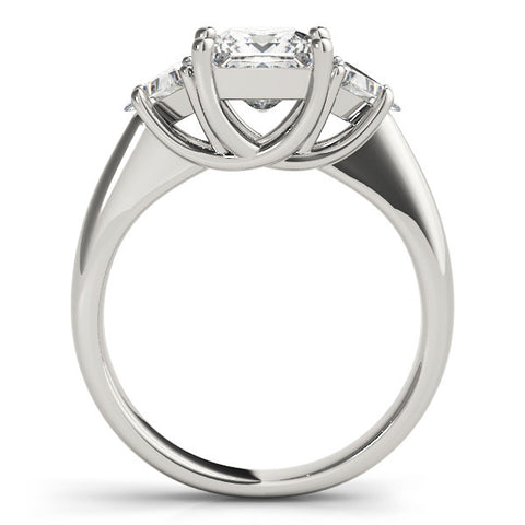 Silver Three-Stone Princess Cut Diamond Ring with Trillion Side Stones and Four-Prong Setting