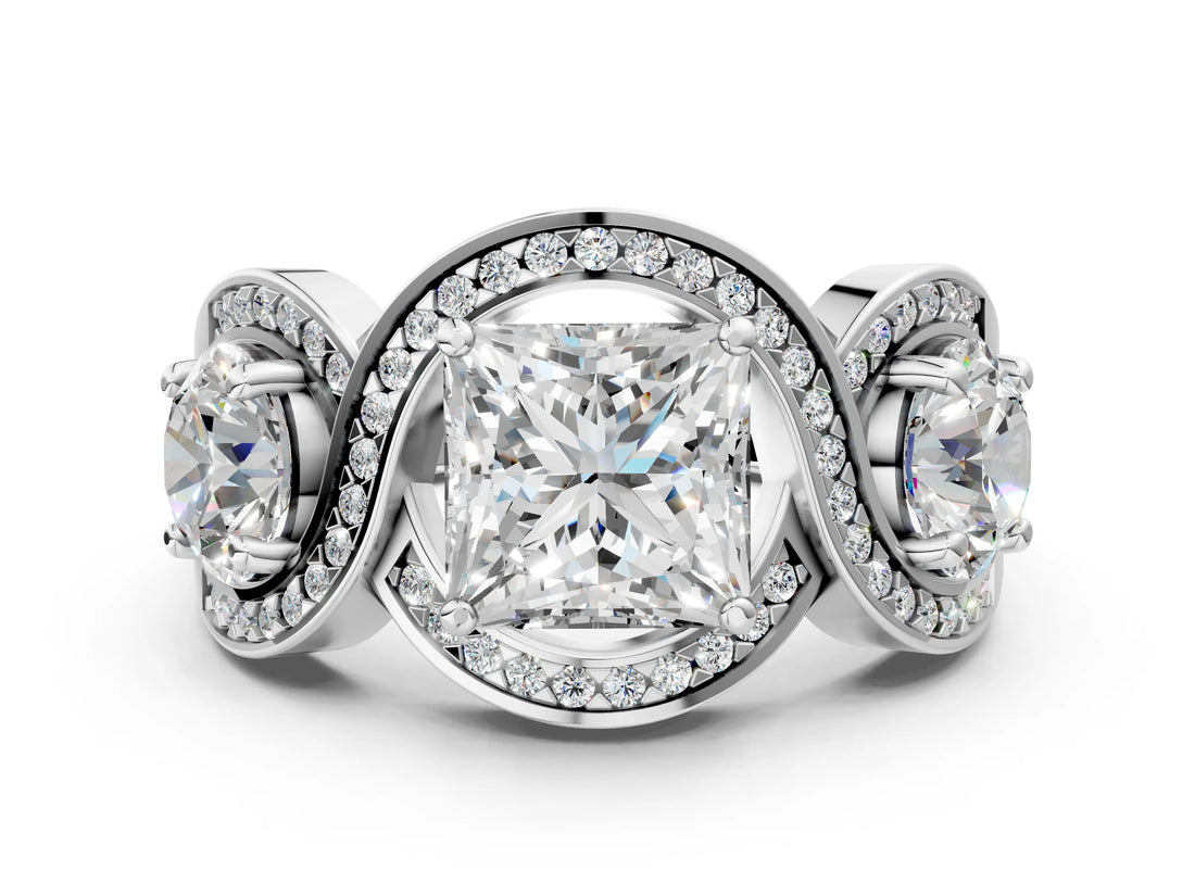 Silver Three-Stone Princess Cut Diamond Wave Pave Band with Prong Setting_19