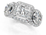 Silver Three-Stone Princess Cut Halo Diamond Milgrain Band with Four-Prong Setting_8