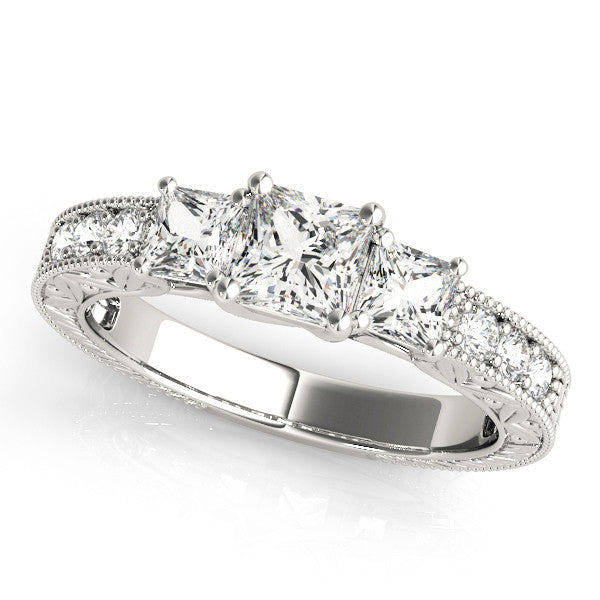 Silver Three-Stone 1.02 Carat E VS1 Emerald Cut Milgrain Pavé Engagement Ring