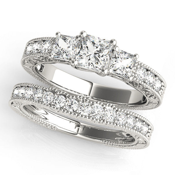White gold Three-Stone Pear Cut Cut Milgrain Pavé Engagement Ring