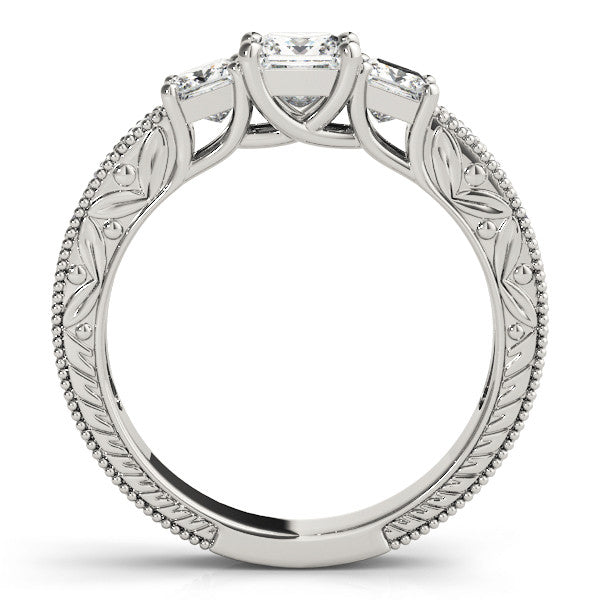 Silver Three-Stone Princess Cut Milgrain Pavé Engagement Ring