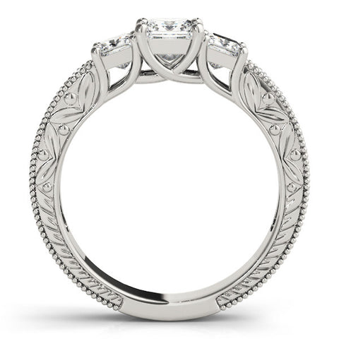 Silver Three-Stone Princess Cut Milgrain Pavé Engagement Ring