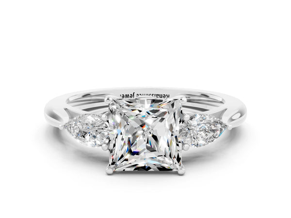 Silver Three-Stone Princess Cut Moissanite Ring with Pear  Side Stones in Four-Prong Setting