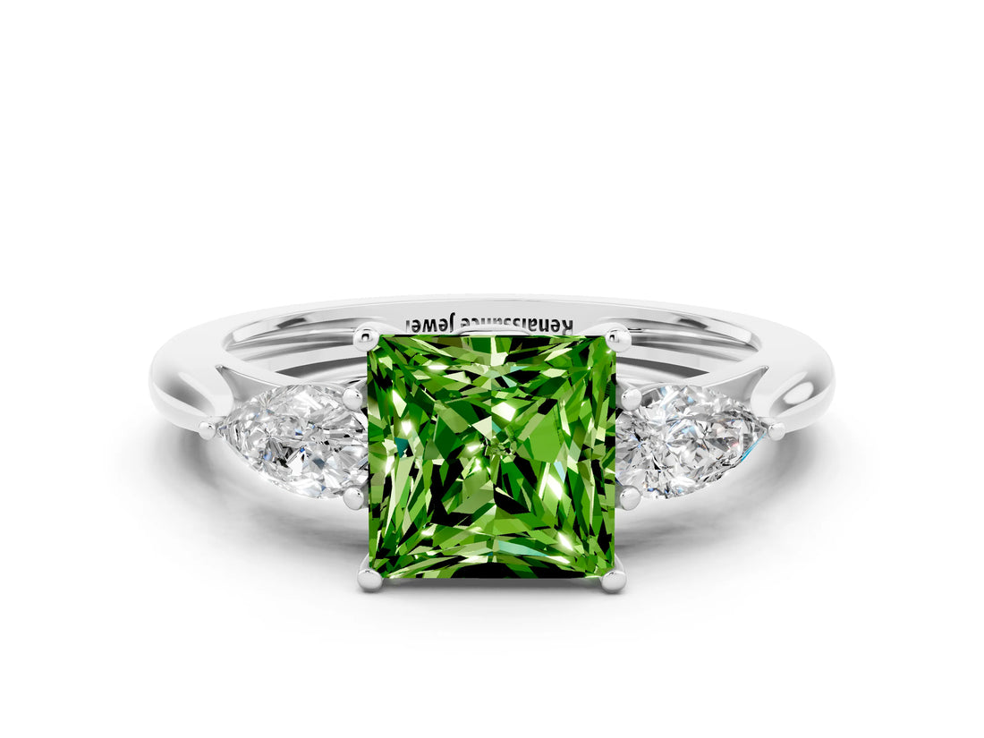Silver Three-Stone Princess Cut Peridot Ring with Pear  Side Stones in Four-Prong Setting_60