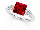 Silver Three-Stone Princess Cut Ruby Ring with Pear  Side Stones in Four-Prong Setting_55