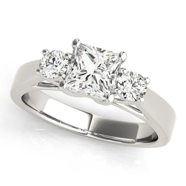 Silver Three-Stone Princess Cut Solitaire Ring with Round Side Stones and Four-Prong Setting