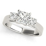 Silver Three-Stone Princess Cut Solitaire Ring with Round Side Stones and Four-Prong Setting