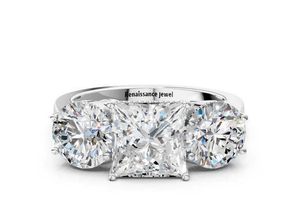 Sterling Silver Princess Cut Vintage Three Stone Engagement Ring Setting with Milgrain Baskets