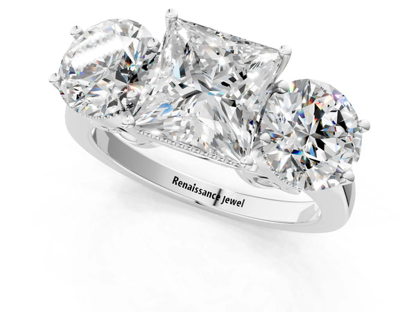 Sterling Silver Princess Cut Vintage Three Stone Engagement Ring Setting with Milgrain Baskets