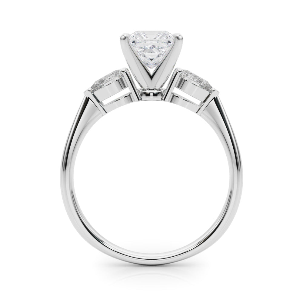 Silver Three-Stone Princess Diamond Ring with Pear Side Stones on a Platinum Band with Four-Prong Setting 1
