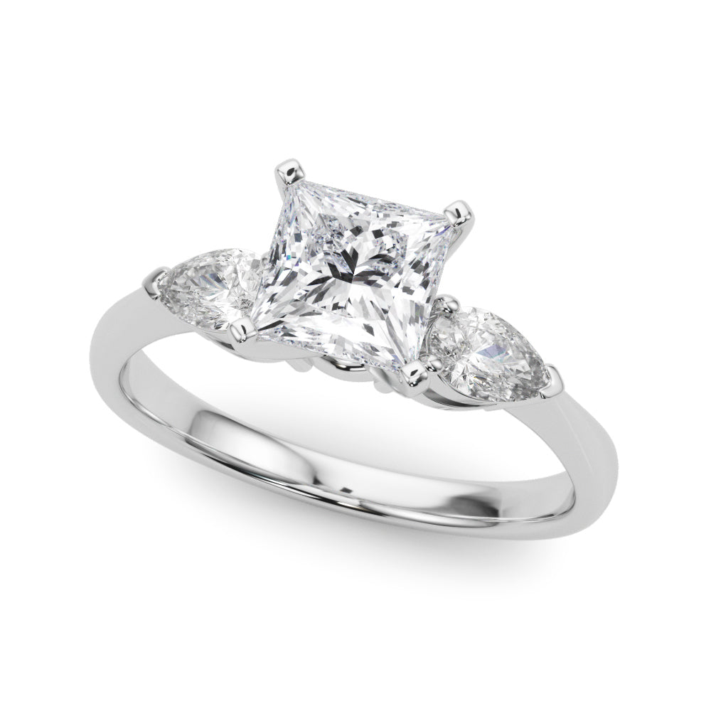 Silver Three-Stone Princess Diamond Ring with Pear Side Stones on a Platinum Band with Four-Prong Setting 2
