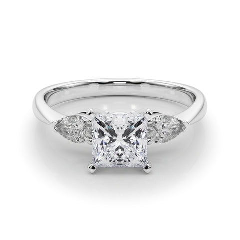 Silver Three-Stone Princess Diamond Ring with Pear Side Stones on a Platinum Band with Four-Prong Setting