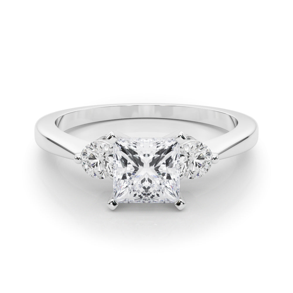 Silver Three-Stone Princess Solitaire Ring with Tapered Band and Four-Prong Setting