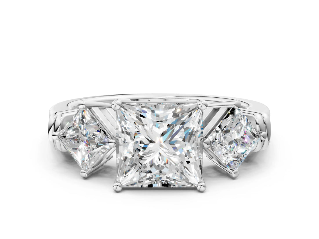 Silver Three-Stone Princess and Princess Cut Diamond Ring with Channel Band and Four-Prong Setting_16