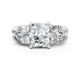 Silver Three-Stone Radiant Brilliant Cut Solitaire Ring with Prong Setting on a Classic Band